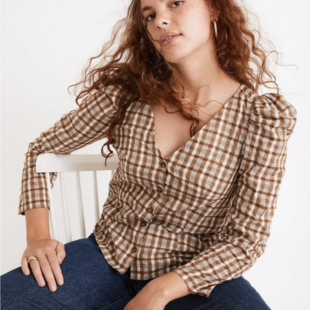 Madewell Westover Top on Sandown Plaid Brown/White Sz 6